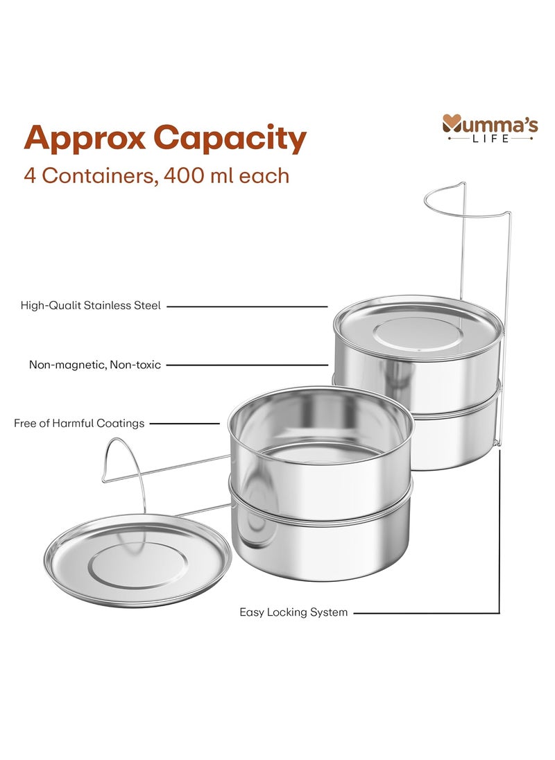Mumma's LIFE Tiffin Box for Office | Stainless Steel Lunch Box Set with 4 Containers | Multipurpose Steel Lunch Box with Silver Finish