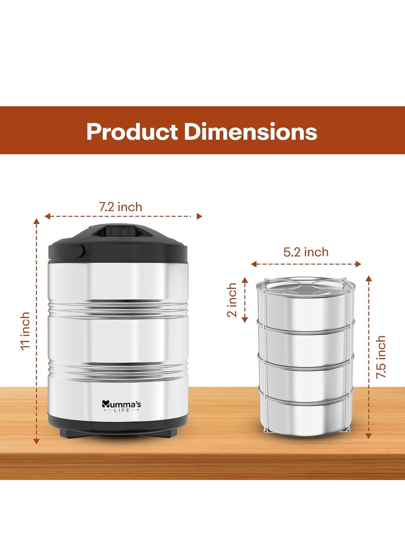 Mumma's LIFE Tiffin Box for Office | Stainless Steel Lunch Box Set with 4 Containers | Multipurpose Steel Lunch Box with Silver Finish