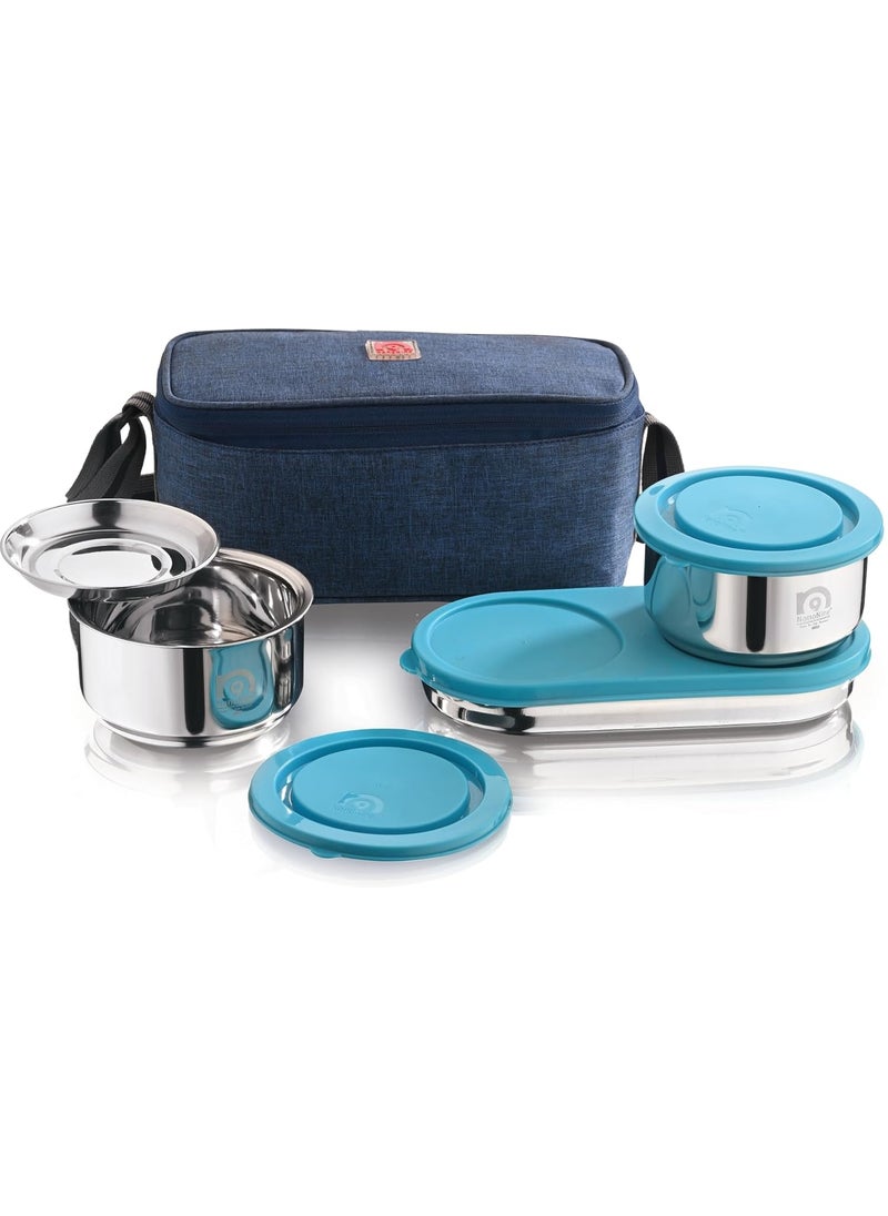 NanoNine Tiffiny Double Wall Insulated Stainless Steel Lunch Box,340ml x 2 with Chapati Box, 475 ml x 1 and Insulated Bag, Navy Blue