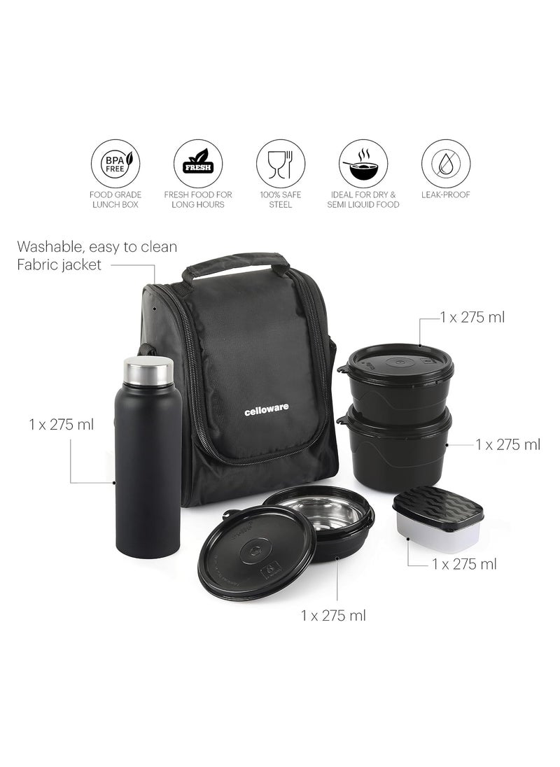 CELLO MF All in One Lunch Box Set of 5 with Bag, Black | 3 Containers with Steel Inner, 1 Plastic Pickle Box and 1 Steel Bottle | Microwave Safe | Insulated Tiffin Ideal for Office, School, College