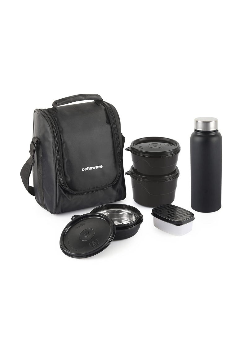 CELLO MF All in One Lunch Box Set of 5 with Bag, Black | 3 Containers with Steel Inner, 1 Plastic Pickle Box and 1 Steel Bottle | Microwave Safe | Insulated Tiffin Ideal for Office, School, College