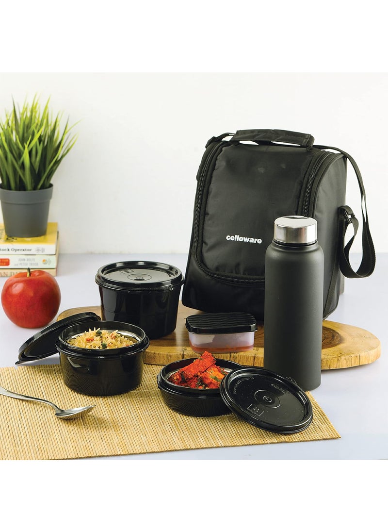 CELLO MF All in One Lunch Box Set of 5 with Bag, Black | 3 Containers with Steel Inner, 1 Plastic Pickle Box and 1 Steel Bottle | Microwave Safe | Insulated Tiffin Ideal for Office, School, College