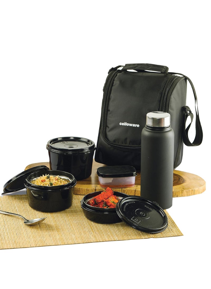 CELLO MF All in One Lunch Box Set of 5 with Bag, Black | 3 Containers with Steel Inner, 1 Plastic Pickle Box and 1 Steel Bottle | Microwave Safe | Insulated Tiffin Ideal for Office, School, College