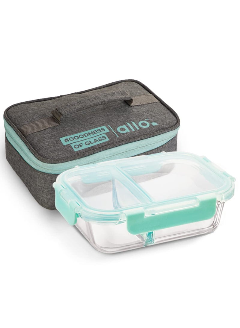 Allo FoodSafe 580ml x 1 Glass Microwave 450°C Oven Safe Lunch Box with Break Free Detachable Lock | High Borosilicate | Office Tiffin with Canvas Grey Flat Bag | Rectangle Divider