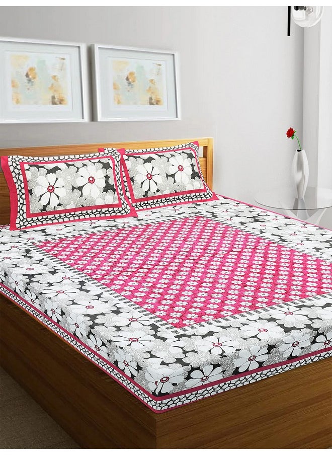 RajasthaniKart® Pure 100% Cotton Double Bed Sheet with 2 Pillow Covers (Bedsheet for Double Bed Cotton, Pink,Floral)
