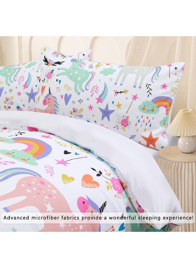 BEDMUST Unicorn Duvet Cover Full Soft Cute Unicorn Rainbow Bedding Set with Flowers Leaves Clouds Stars Birds Print Pattern 3 Piece Unicorn Bed Set for Kids Girls Boys