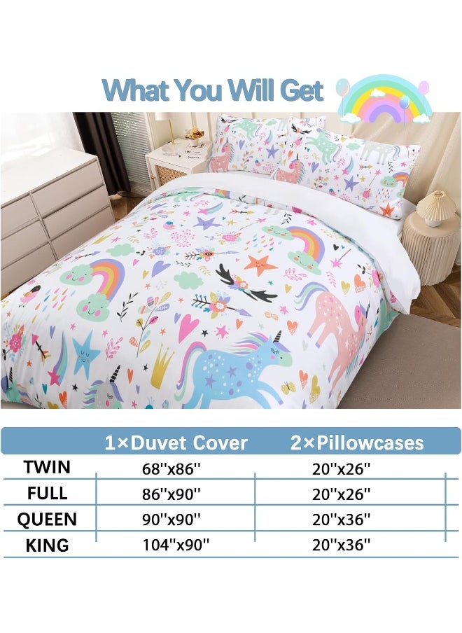 BEDMUST Unicorn Duvet Cover Full Soft Cute Unicorn Rainbow Bedding Set with Flowers Leaves Clouds Stars Birds Print Pattern 3 Piece Unicorn Bed Set for Kids Girls Boys