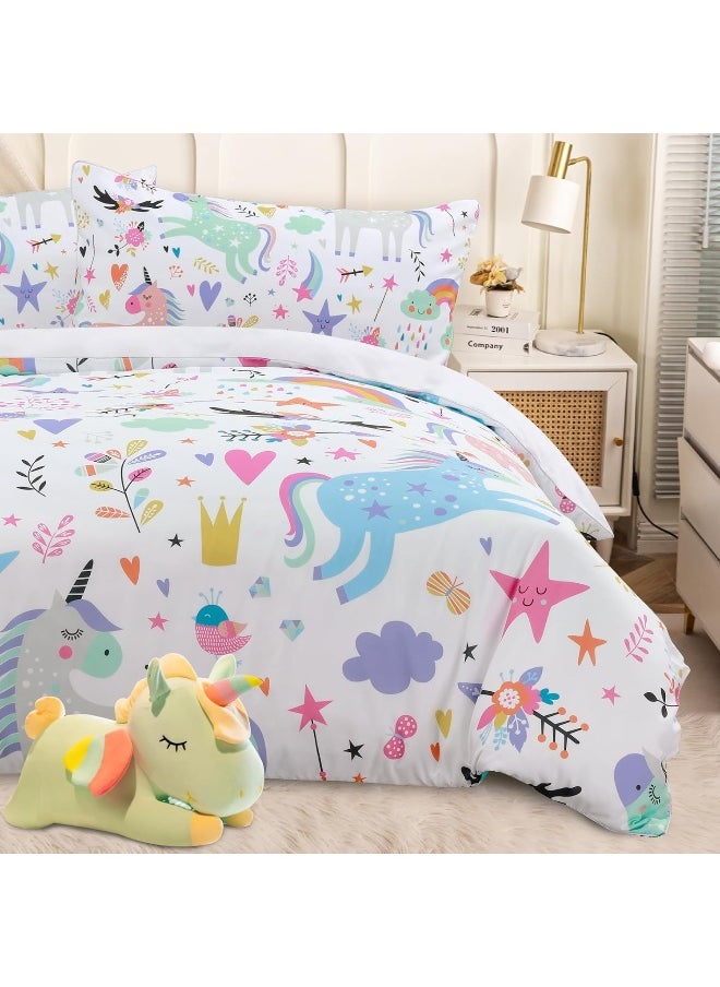 BEDMUST Unicorn Duvet Cover Full Soft Cute Unicorn Rainbow Bedding Set with Flowers Leaves Clouds Stars Birds Print Pattern 3 Piece Unicorn Bed Set for Kids Girls Boys