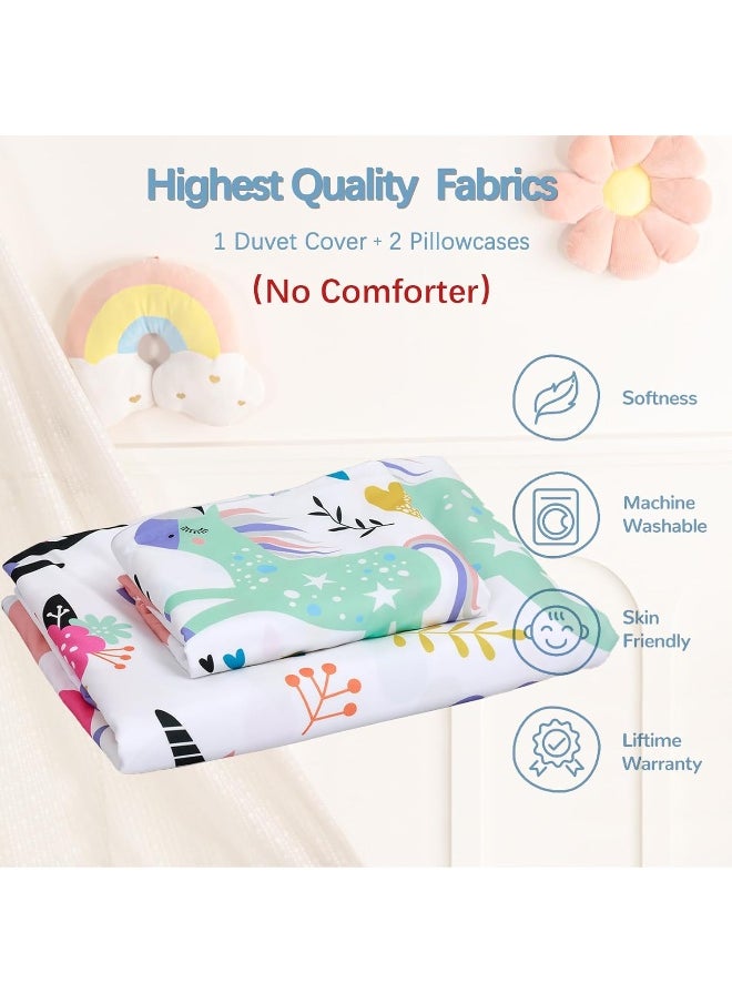 BEDMUST Unicorn Duvet Cover Full Soft Cute Unicorn Rainbow Bedding Set with Flowers Leaves Clouds Stars Birds Print Pattern 3 Piece Unicorn Bed Set for Kids Girls Boys