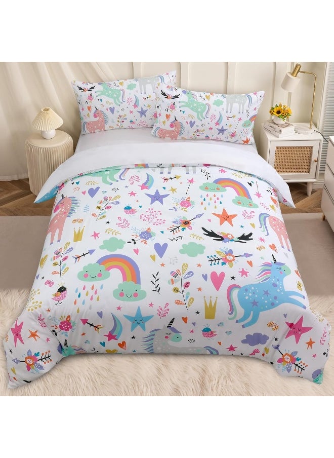 BEDMUST Unicorn Duvet Cover Full Soft Cute Unicorn Rainbow Bedding Set with Flowers Leaves Clouds Stars Birds Print Pattern 3 Piece Unicorn Bed Set for Kids Girls Boys