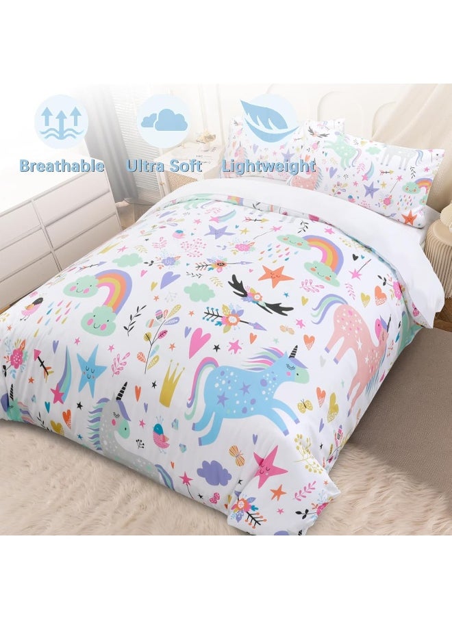 BEDMUST Unicorn Duvet Cover Full Soft Cute Unicorn Rainbow Bedding Set with Flowers Leaves Clouds Stars Birds Print Pattern 3 Piece Unicorn Bed Set for Kids Girls Boys