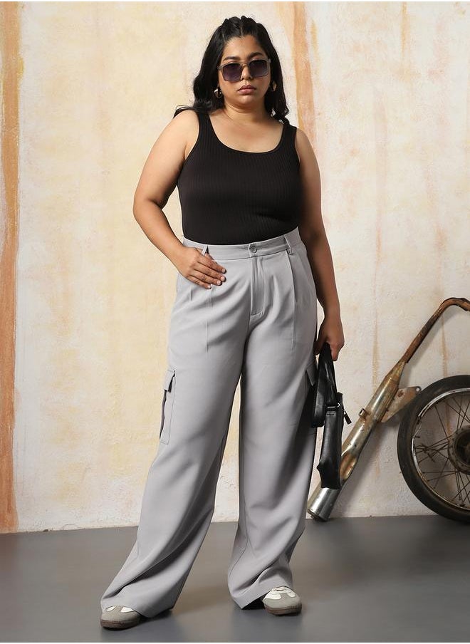 Women Trousers in Grey featuring Wide Leg fit with a solid pattern, regular length, secured with button closure, crafted from 95% polyester 5% spandex – a stylish must-have for any occasion.