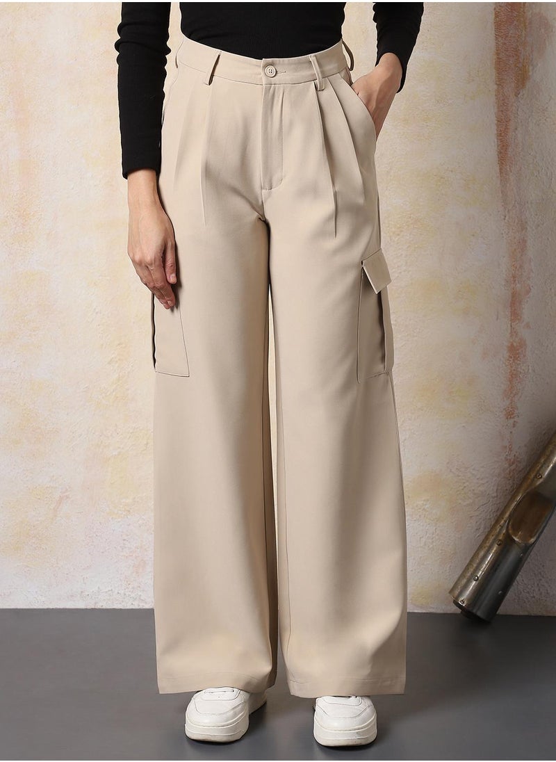 Women Solid Wide Leg High-Rise Korean Trouser