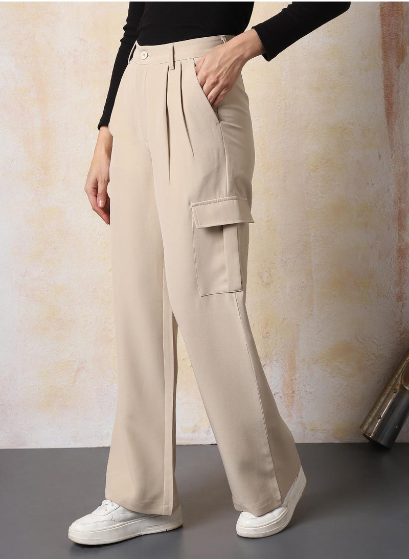 Women Solid Wide Leg High-Rise Korean Trouser