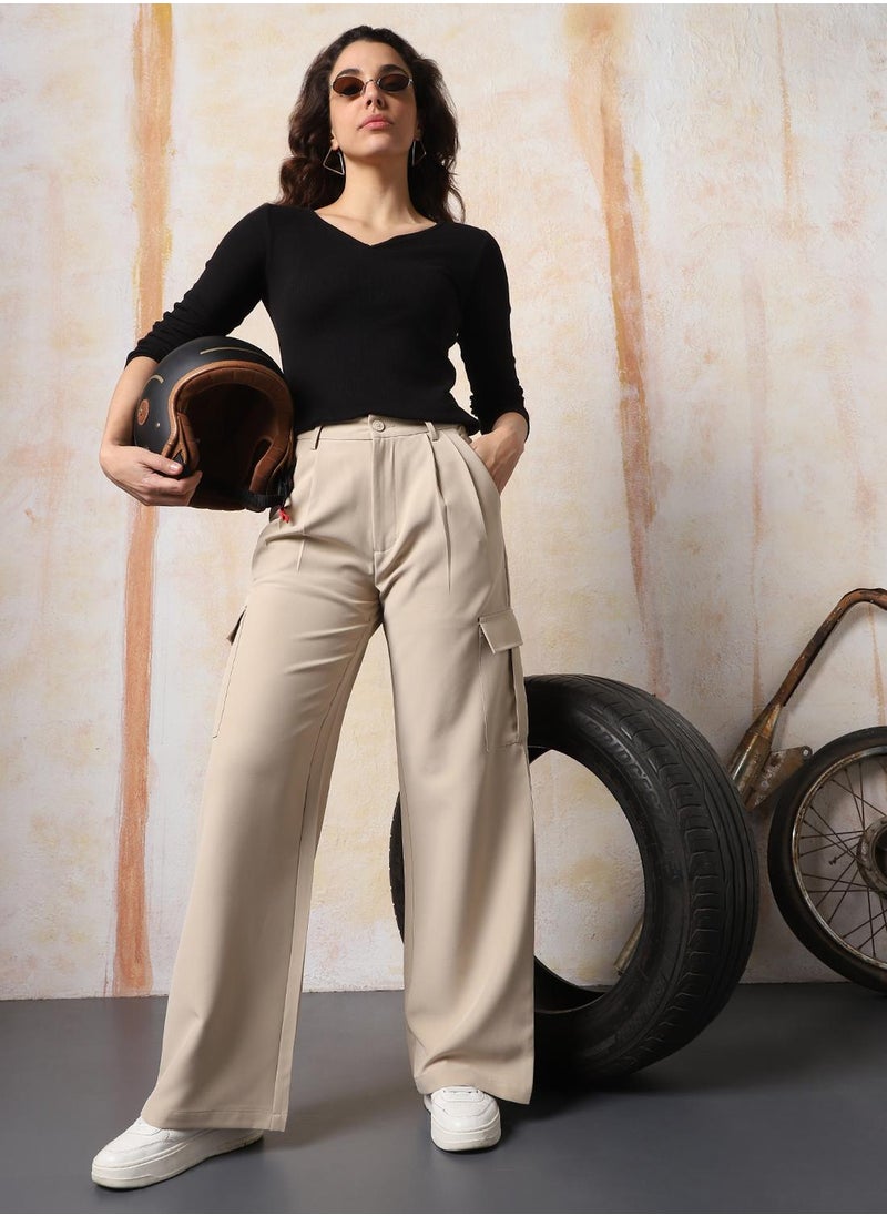 Women Solid Wide Leg High-Rise Korean Trouser