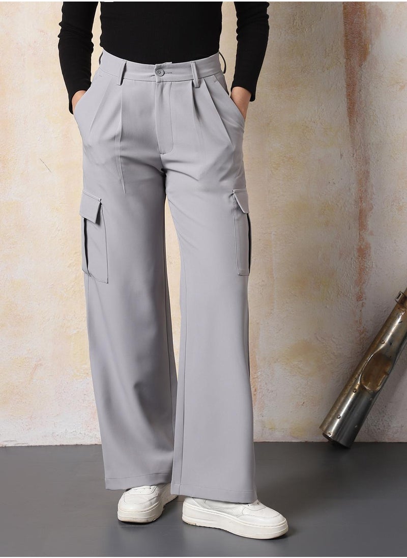 Women Loose Fit Fit High-Rise Wrinkle Free Pleated Cargo Korean Pants
