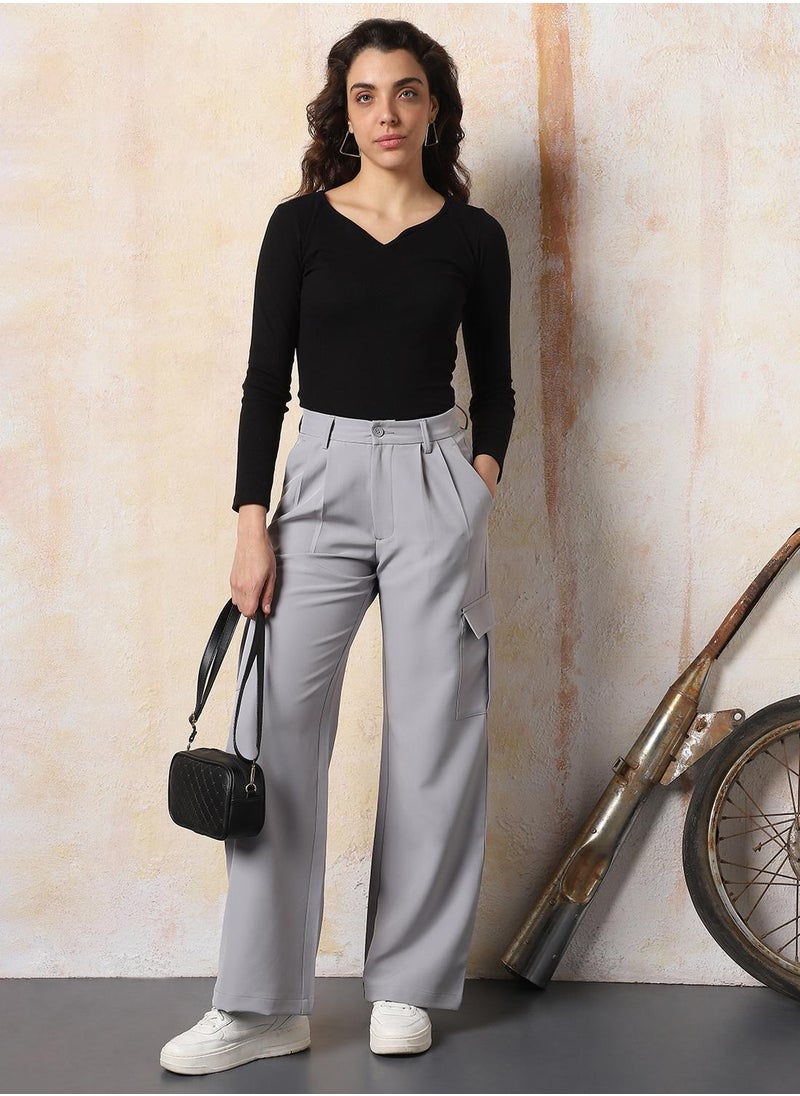 Women Solid Wide Leg High-Rise Korean Trouser