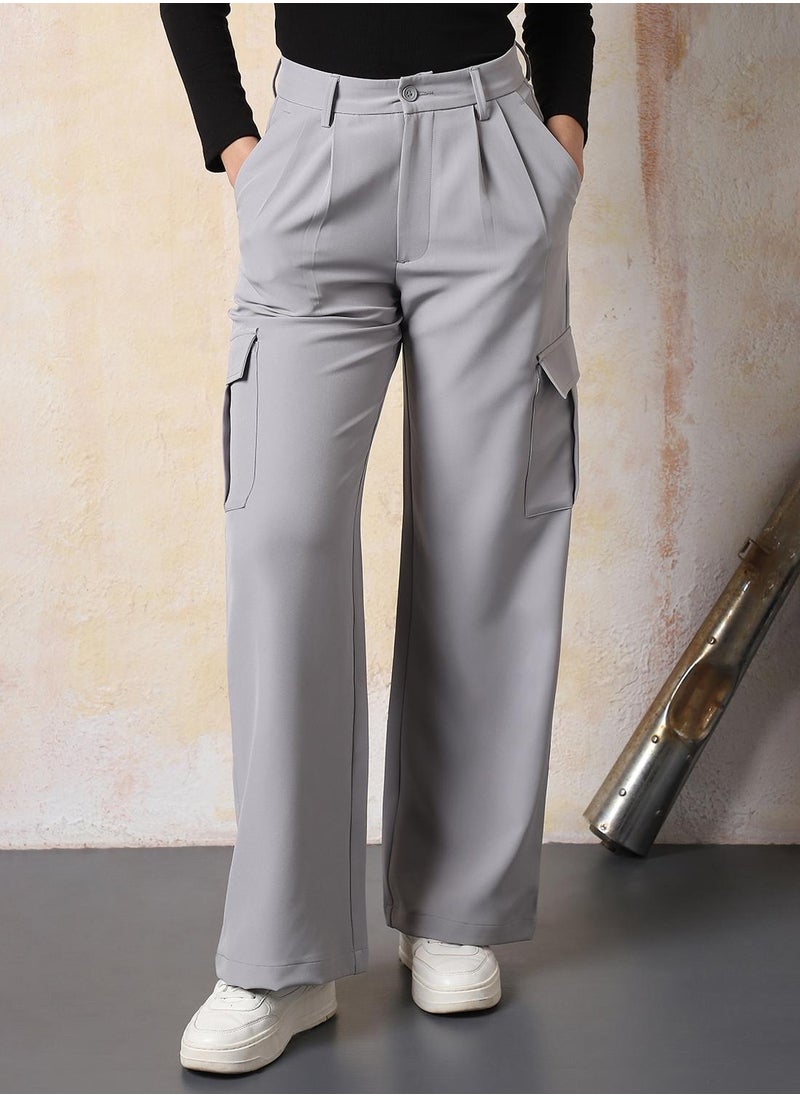 Women Loose Fit Fit High-Rise Wrinkle Free Pleated Cargo Korean Pants
