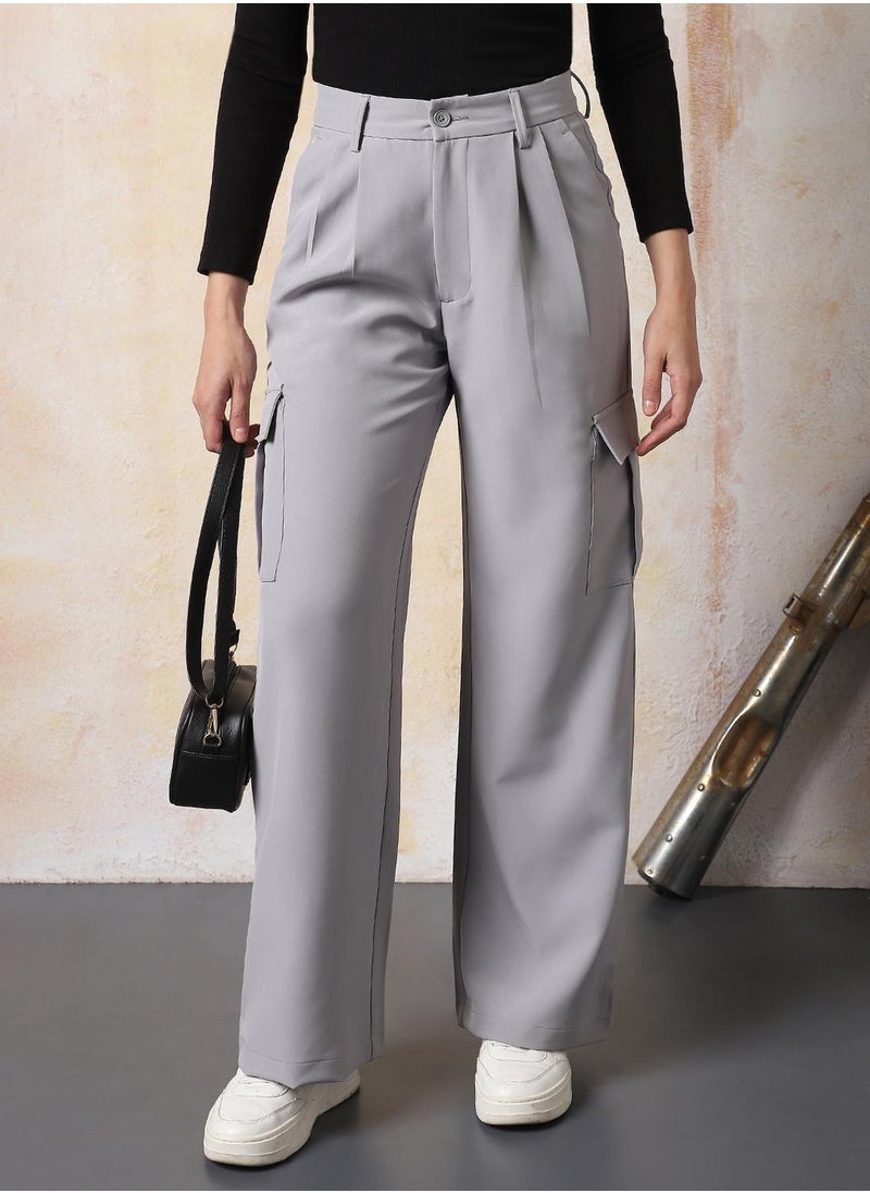 Women Loose Fit Fit High-Rise Wrinkle Free Pleated Cargo Korean Pants