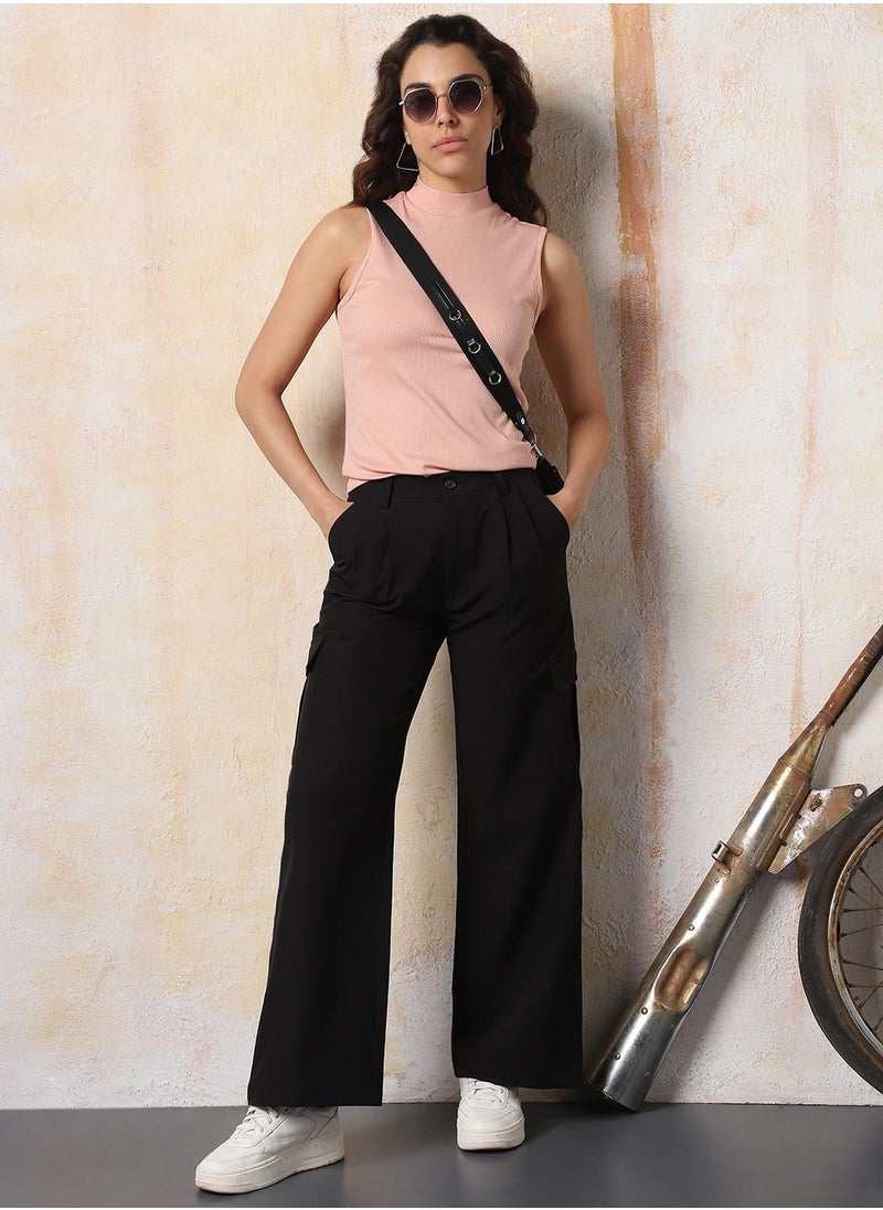 Women Solid Wide Leg High-Rise Korean Trouser