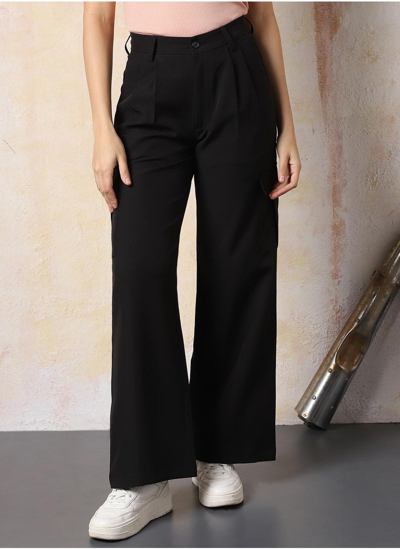 Women Loose Fit Fit High-Rise Wrinkle Free Pleated Cargo Korean Pants