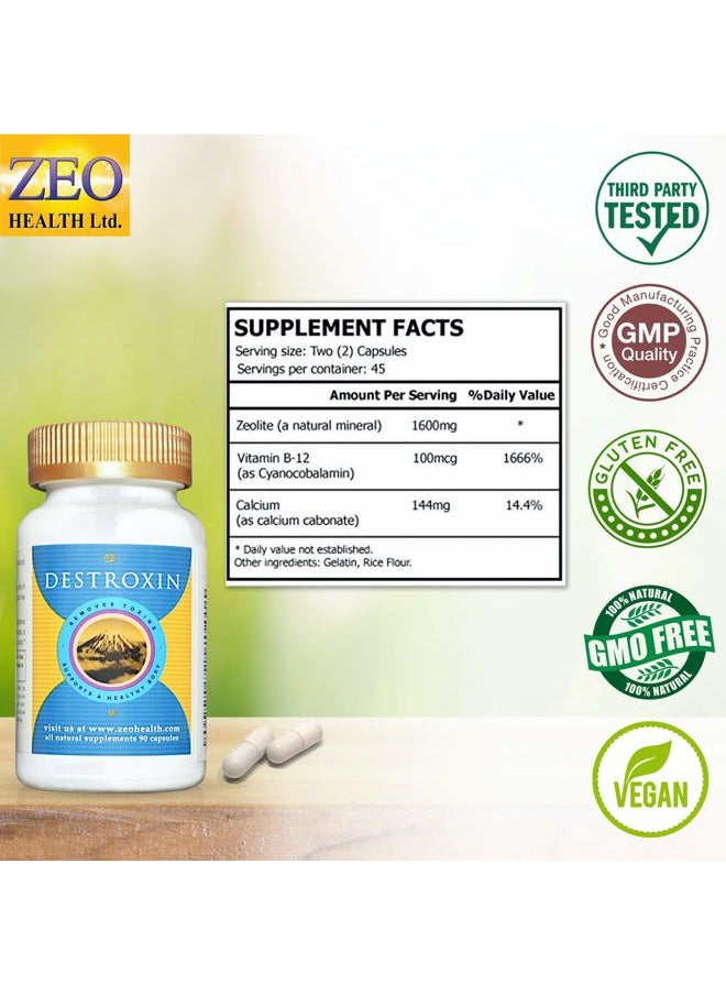 DESTROXIN | Zeolite Capsules with B-12 and Calcium (90 Count) | Naturally Supports Cellular Detox, Optimal Energy, & Upset Stomach Relief | Body Alkalinity & pH Increaser