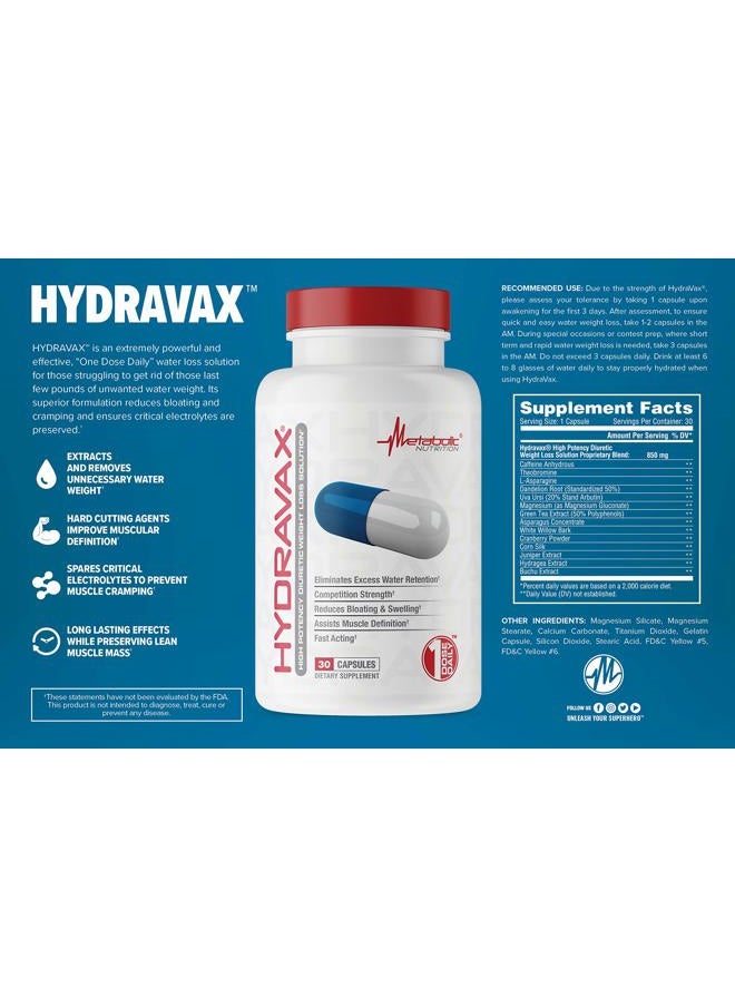 , Hydravax - Premium Diuretic Water Pills, Natural & Safe, Eliminates Water Retention, with Dandelion, Magnesium, Green Tea Extract, Cranberry Powder, 30 Capsules, 1 Dose Daily