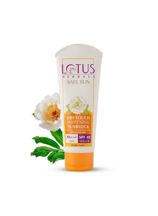 Lotus Herbals Safe Sun Dry-Touch Whitening Sunblock | Matte Texture | SPF 40 | PA+++ | Preservative Free | 50g