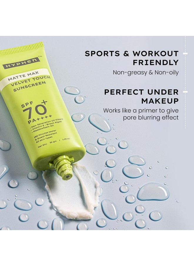 Matte Max Velvet Touch Sunscreen Spf 70+ Pa++++ | Sun Protection | Sun Shield | Moisturizes And Soothes Skin | 12 Hrs Uva-Uvb Protection | Sunscreen Spf No White Cast, Non Greasy & Lightweight | Water Resistant | For Oily, Combination & All Skin Types-30G