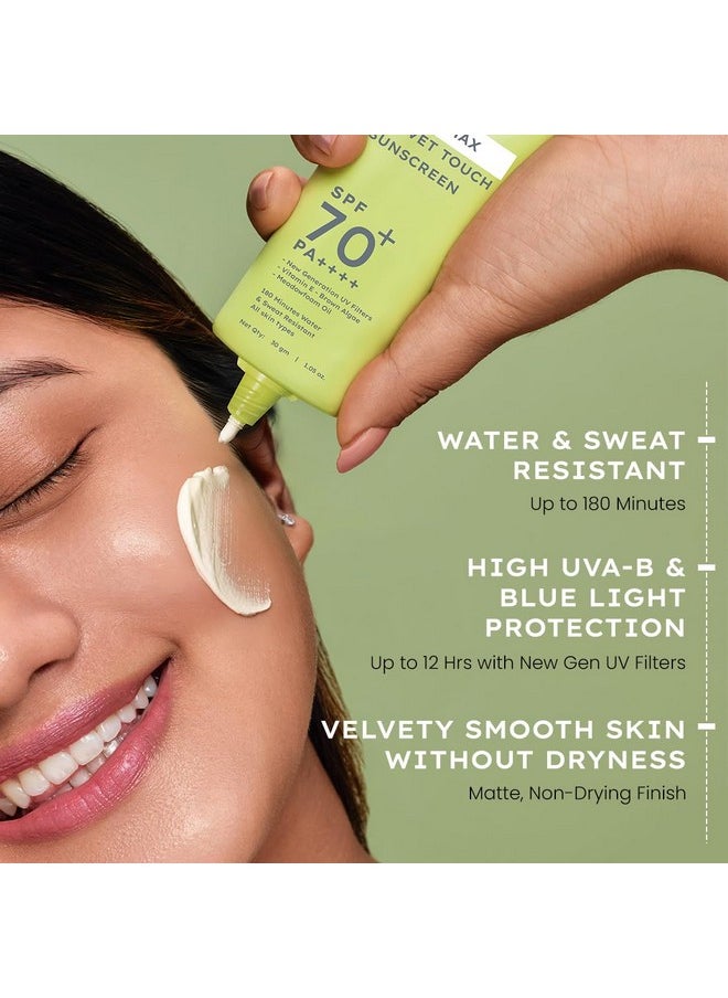 Matte Max Velvet Touch Sunscreen Spf 70+ Pa++++ | Sun Protection | Sun Shield | Moisturizes And Soothes Skin | 12 Hrs Uva-Uvb Protection | Sunscreen Spf No White Cast, Non Greasy & Lightweight | Water Resistant | For Oily, Combination & All Skin Types-30G