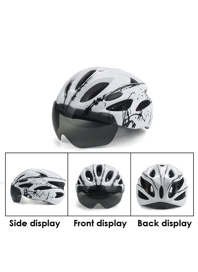 Adult bicycle helmet with detachable magnetic goggles, road and mountain riding protective helmet, adjustable size,unisex，white and black