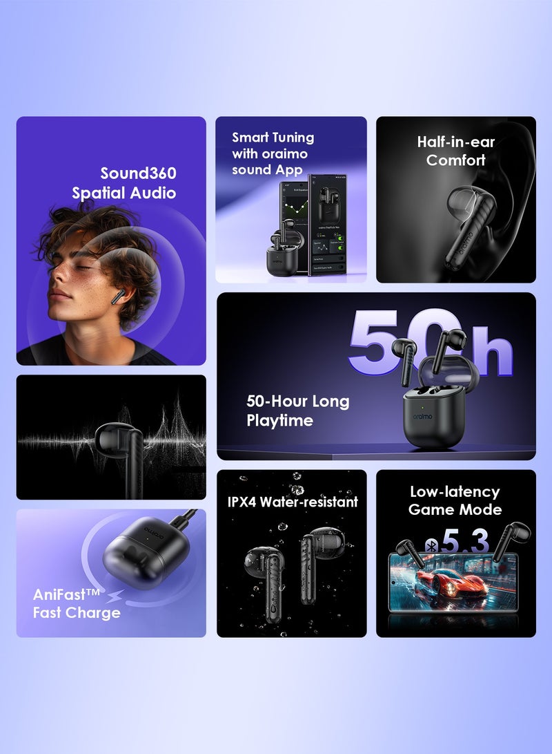 FreePods Neo True Wireless Earbuds 50H Play Time Bluetooth TWS Earphone with APP Control, Anifast Fast Charging,Sound360 Spatial Audio,Black Black