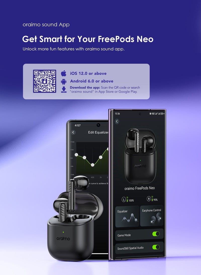 FreePods Neo True Wireless Earbuds 50H Play Time Bluetooth TWS Earphone with APP Control, Anifast Fast Charging,Sound360 Spatial Audio,Black Black