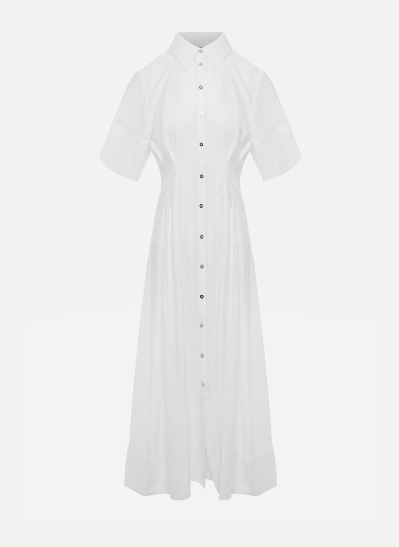 Midi dress with triangle collar and waist pleats