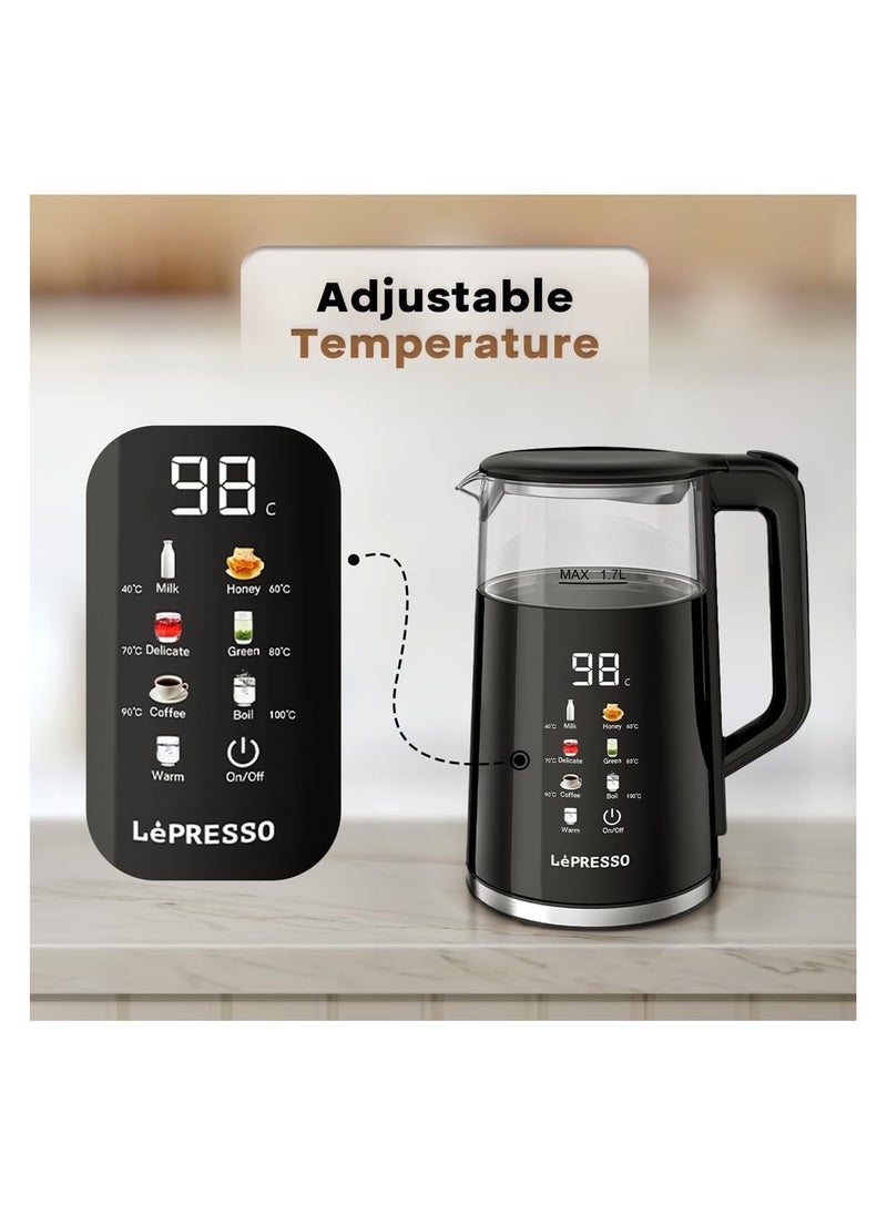 LePresso Electric Window Kettle Multi-Temprature Display 1.7L, 1850-2200W Rated Power, Temperature Control, Boil Dry Protection, Interactive Display, Auto-Opening Lid, Auto Shut-OFF - Black