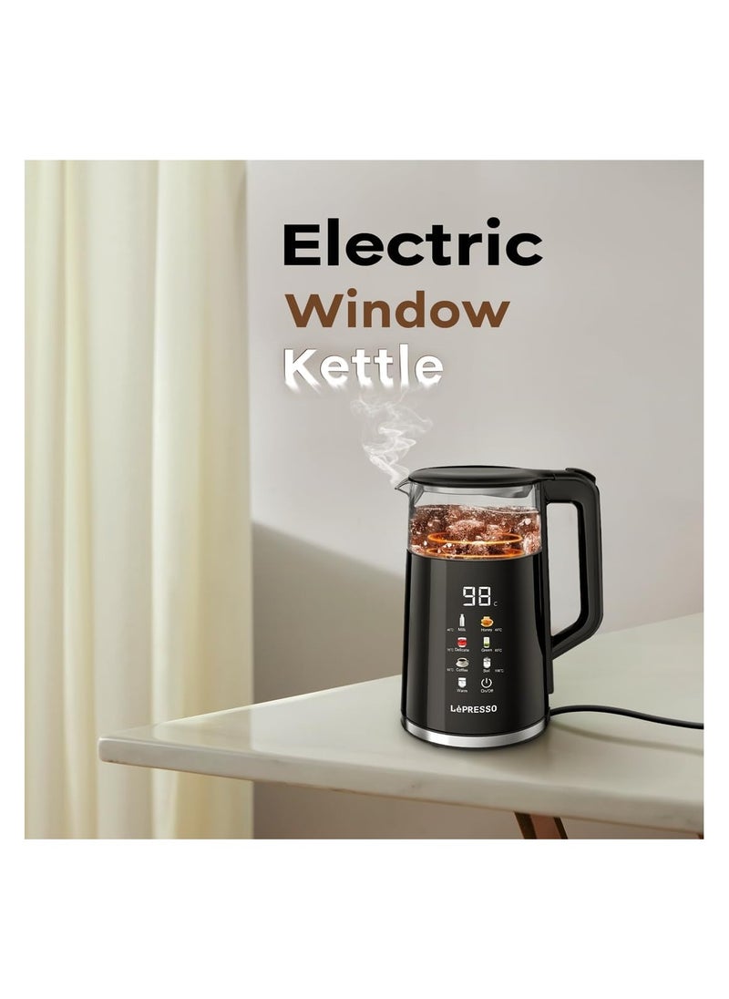 LePresso Electric Window Kettle Multi-Temprature Display 1.7L, 1850-2200W Rated Power, Temperature Control, Boil Dry Protection, Interactive Display, Auto-Opening Lid, Auto Shut-OFF - Black