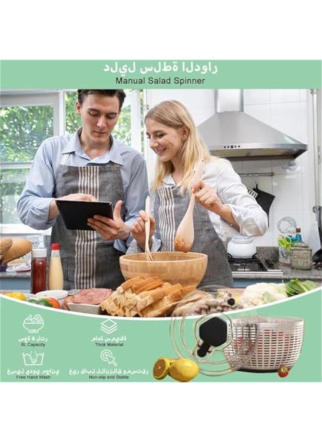 Large Salad Spinner, Vegetable Washer Manual Reusable, Quick Dry, Versatile Professional Fruit Washer Spinner, Veggie Dryer Draining Basket Lid Removable, One-Handed Pump Fruit Bowl and Colander (6L）