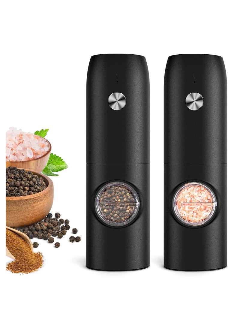 Electric Salt and Pepper Grinder Set, Rechargeable Automatic Pepper Mill Grinder with LED Light, Adjustable Coarseness shakers, One-Hand Operation for Kitchen(2 Pack,Black+Black)