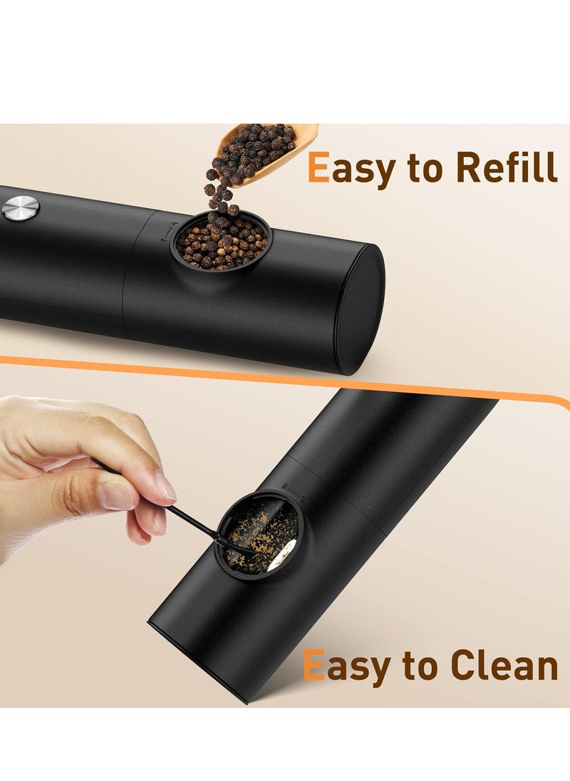 Electric Salt and Pepper Grinder Set, Rechargeable Automatic Pepper Mill Grinder with LED Light, Adjustable Coarseness shakers, One-Hand Operation for Kitchen(2 Pack,Black+Black)