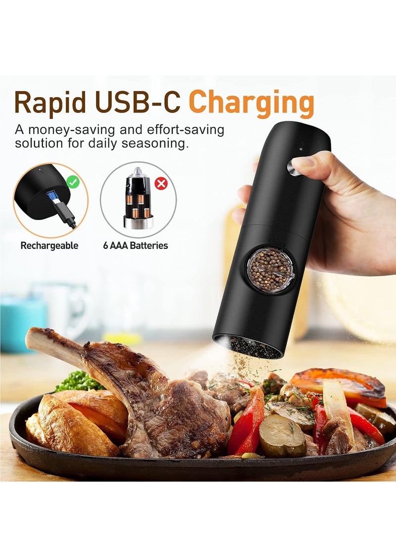 Electric Salt and Pepper Grinder Set, Rechargeable Automatic Pepper Mill Grinder with LED Light, Adjustable Coarseness shakers, One-Hand Operation for Kitchen(2 Pack,Black+Black)
