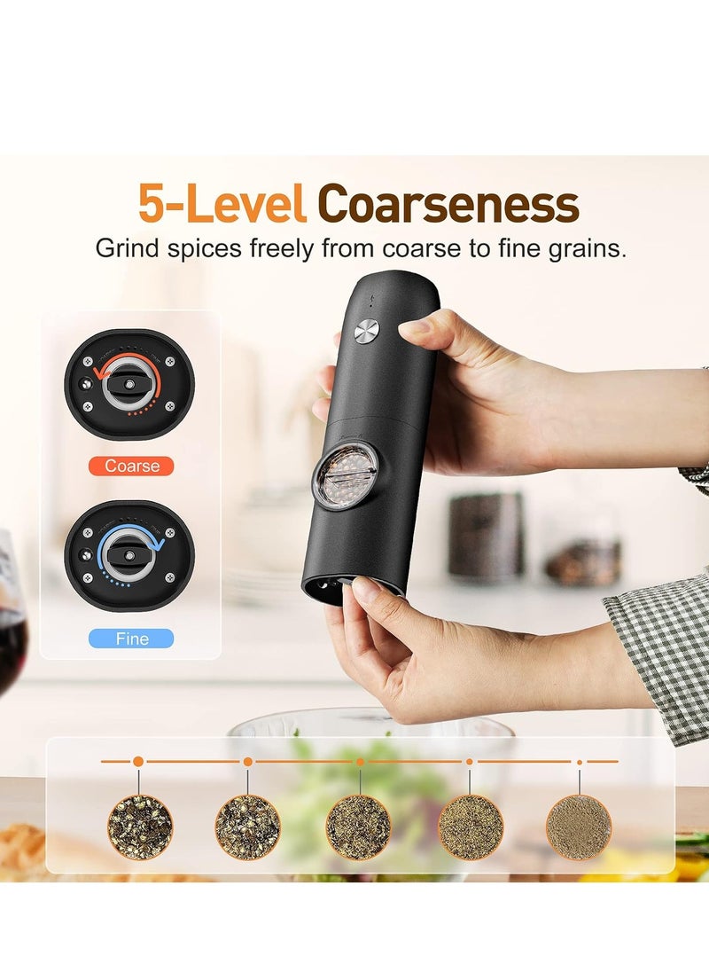 Electric Salt and Pepper Grinder Set, Rechargeable Automatic Pepper Mill Grinder with LED Light, Adjustable Coarseness shakers, One-Hand Operation for Kitchen(2 Pack,Black+Black)