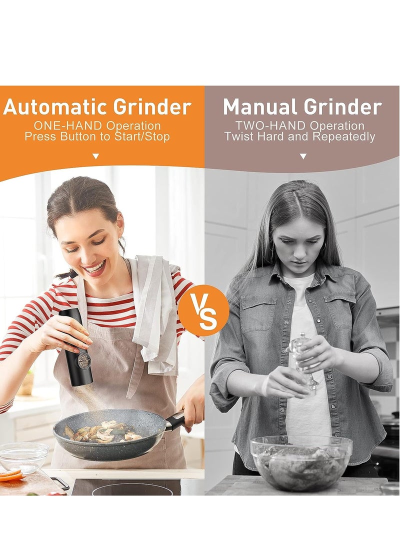 Electric Salt and Pepper Grinder Set, Rechargeable Automatic Pepper Mill Grinder with LED Light, Adjustable Coarseness shakers, One-Hand Operation for Kitchen(2 Pack,Black+Black)