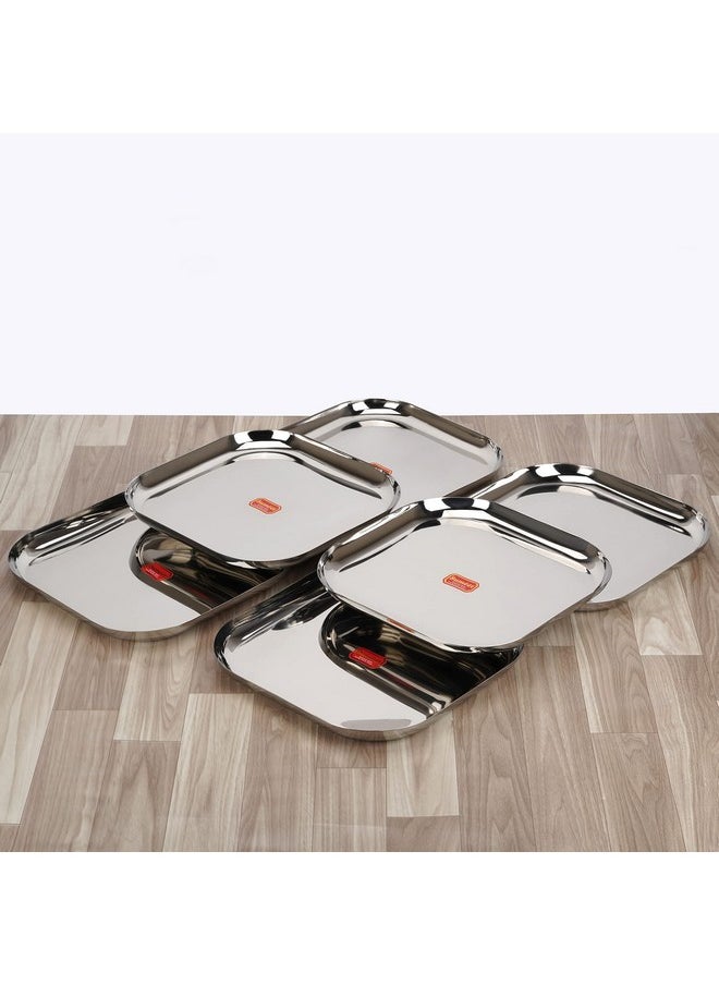 Sumeet Stainless Steel Big Square Shape Plate/Dinner Plate/Lunch - Meal Plate Set of 6pcs, 28cm dia, Silver