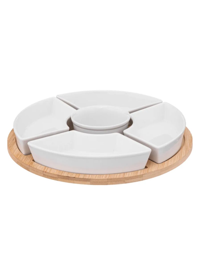 Sg Round Bamboo And Porcelain Appetizer Serving Set 6Pcs