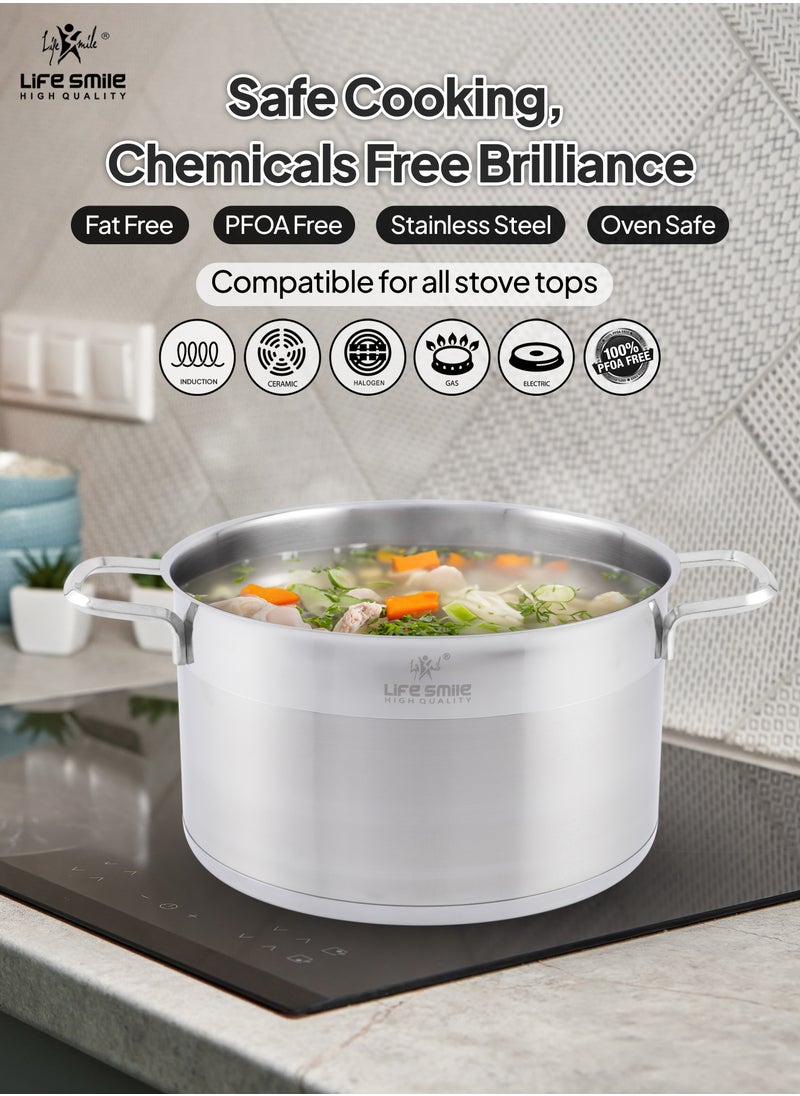 24cm (5.7 Liter) LIFE SMILE Cooking Pot with Lid 18/10 Pure Stainless Steel - Thick Induction Base Double Handle Stock Pot - Non-Toxic, 100% PFOA, PTFE & PFOS Free - Oven Safe Casserole