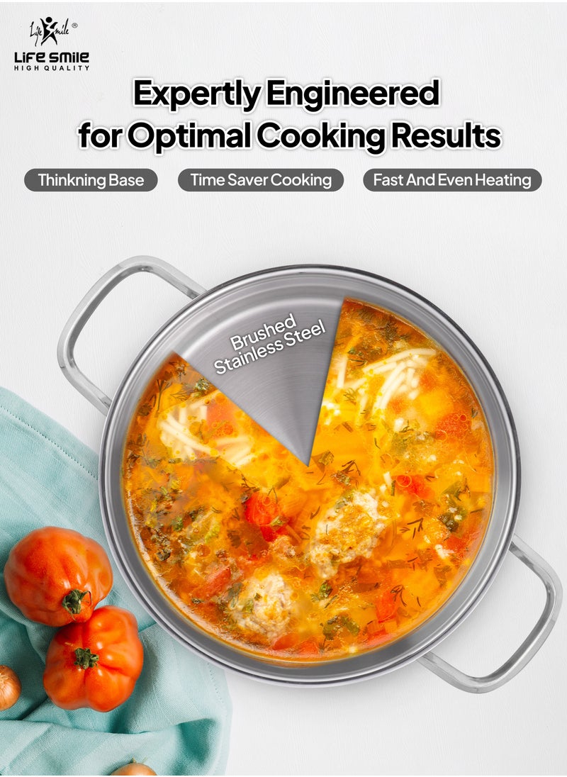 24cm (5.7 Liter) LIFE SMILE Cooking Pot with Lid 18/10 Pure Stainless Steel - Thick Induction Base Double Handle Stock Pot - Non-Toxic, 100% PFOA, PTFE & PFOS Free - Oven Safe Casserole