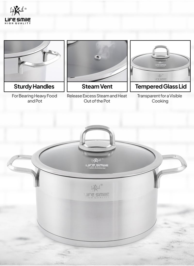 24cm (5.7 Liter) LIFE SMILE Cooking Pot with Lid 18/10 Pure Stainless Steel - Thick Induction Base Double Handle Stock Pot - Non-Toxic, 100% PFOA, PTFE & PFOS Free - Oven Safe Casserole