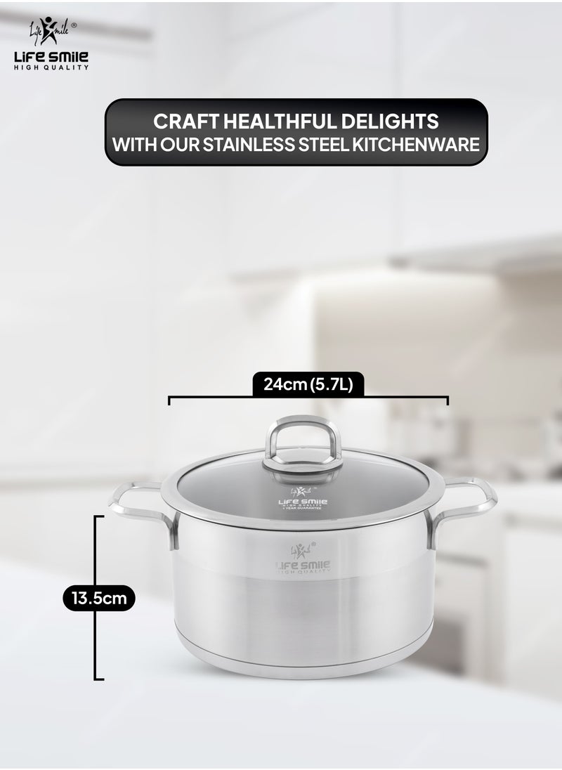 24cm (5.7 Liter) LIFE SMILE Cooking Pot with Lid 18/10 Pure Stainless Steel - Thick Induction Base Double Handle Stock Pot - Non-Toxic, 100% PFOA, PTFE & PFOS Free - Oven Safe Casserole
