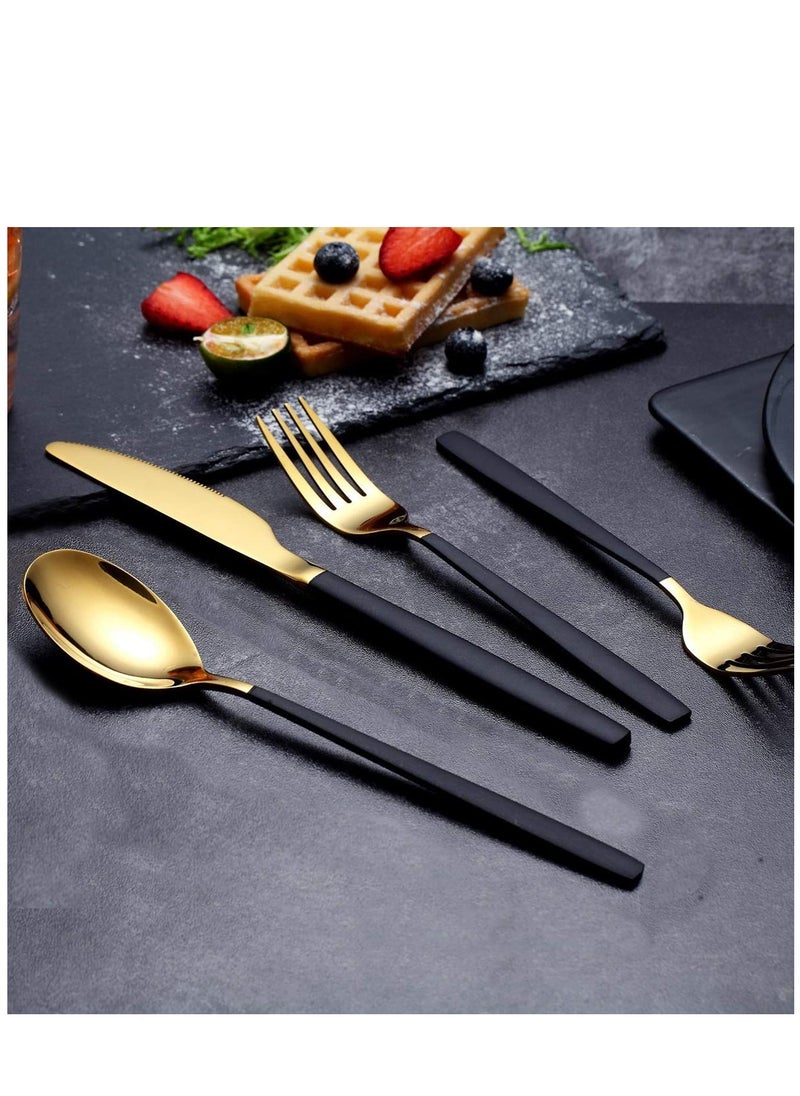 Flatware Cutlery Set, Royal 4 Piece Matte Black Gold Stainless Steel Tableware Sets for 1 Including Forks Spoons Knives, Camping Silverware Travel Utensils Set Cutlery