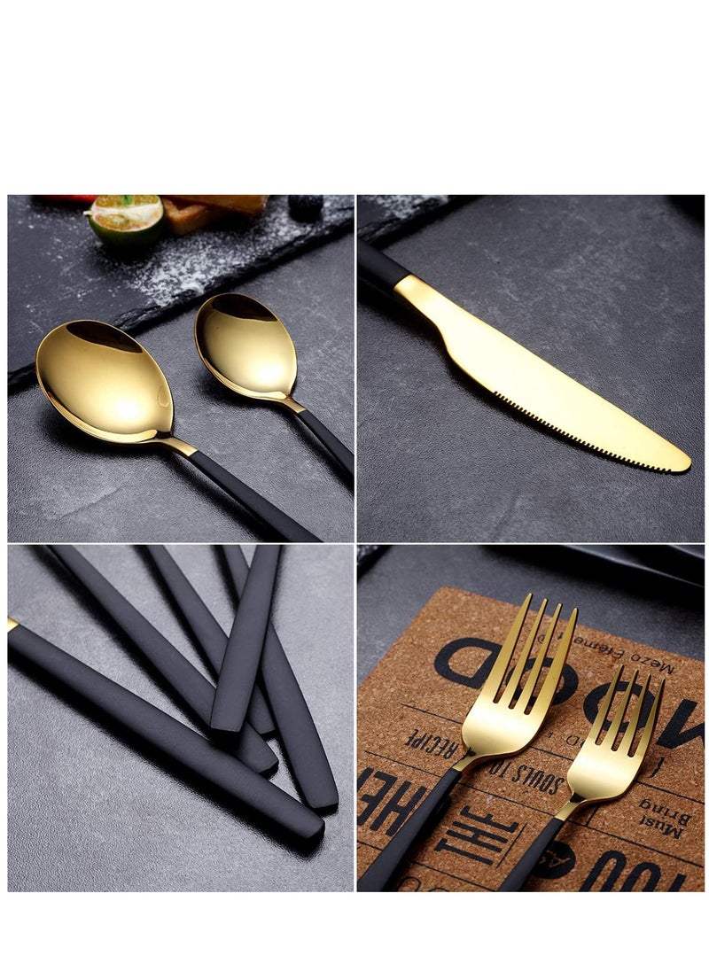Flatware Cutlery Set, Royal 4 Piece Matte Black Gold Stainless Steel Tableware Sets for 1 Including Forks Spoons Knives, Camping Silverware Travel Utensils Set Cutlery